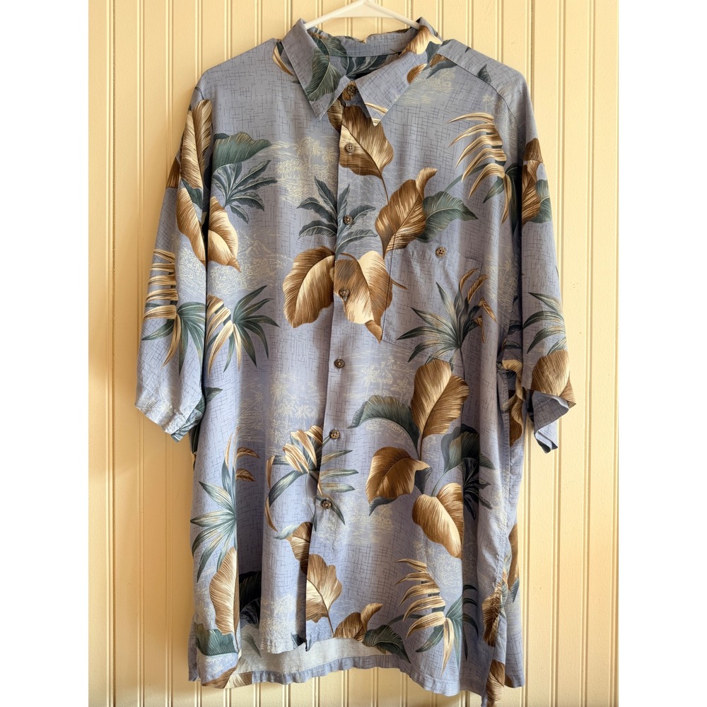 Pierre Cardin Mens XXL Blue Tropical Leaf Rayon Short Sleeve Button Down Shirt